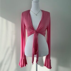 Fashion Nova Pink Tie-Front Deep V Long Sleeve Crop Top with Shoulder Pads